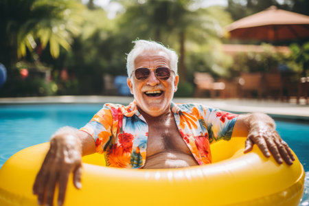 Elderly man relaxing in swimming pool on a hot summer dayの素材