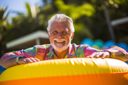 Portrait of smiling senior man with inflatable ring at poolsideの素材