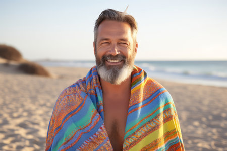 Portrait of smiling mature man wrapped in blanket standing on the beachの素材