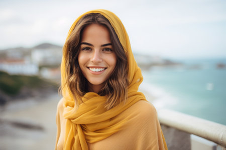 Portrait of a beautiful young woman wearing yellow scarf on the beachの素材