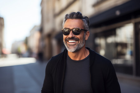 Portrait of handsome middle-aged man wearing sunglasses in the cityの素材