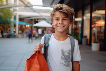 Portrait of a smiling boy with shopping bags in the city.の素材