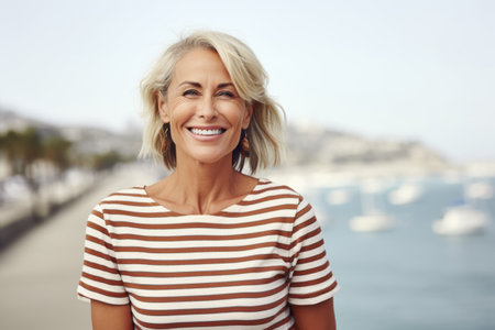 Portrait of a happy mature woman standing in front of the seaの素材
