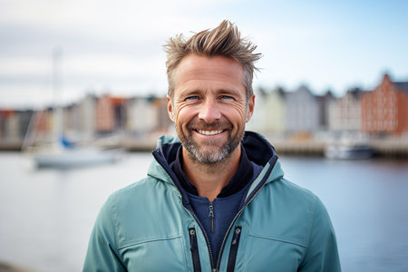Portrait of handsome man smiling at camera while standing in the harborの素材
