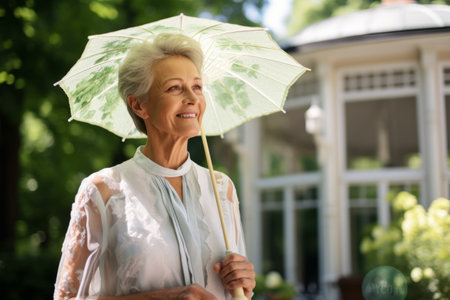 Portrait of smiling senior woman with umbrella standing in garden at homeの素材
