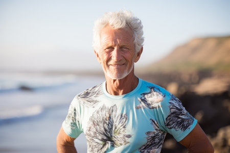 Portrait of smiling senior man standing at beach on a sunny dayの素材