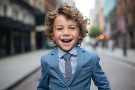 Portrait of a little boy in a blue suit on the streetの素材