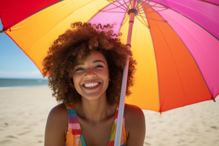 Portrait of smiling african american woman with umbrella on the beachの素材