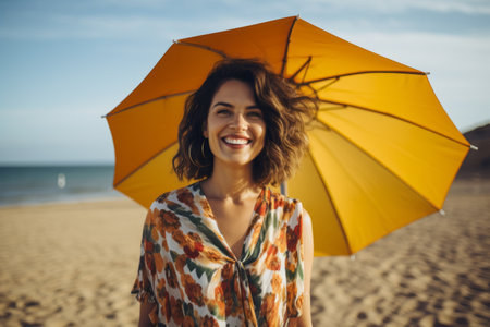 Portrait of smiling young woman with yellow umbrella on the beach.の素材