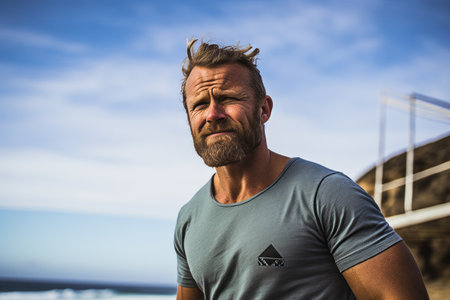 Handsome bearded man in sportswear posing on the beachの素材