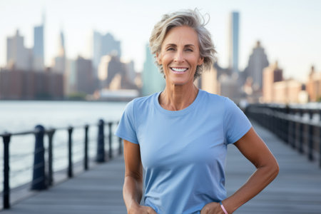 Portrait of a happy senior woman standing on a pier in New York Cityの素材