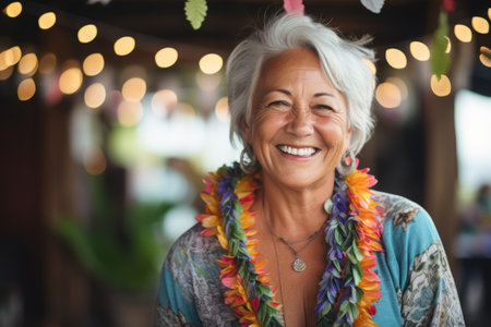 Portrait of smiling senior woman in hawaiian clothes at restaurantの素材