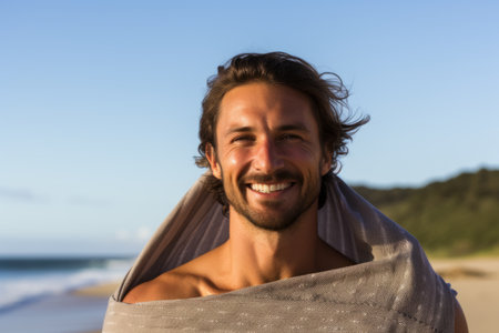 Portrait of smiling man wrapped in blanket at beach on a sunny dayの素材