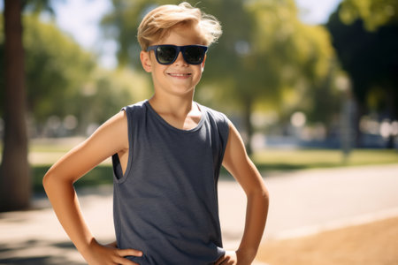 portrait of a boy in a T-shirt and sunglasses in the parkの素材