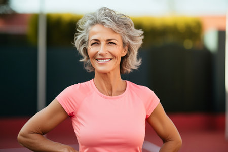 Portrait of smiling senior woman standing with arms crossed in fitness studioの素材