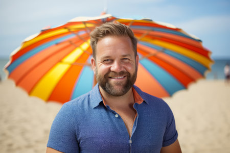 Portrait of smiling man with colorful umbrella on the beach in summerの素材
