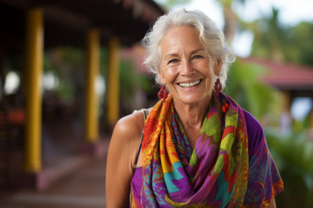 Portrait of happy senior woman smiling at camera in garden on a sunny dayの素材