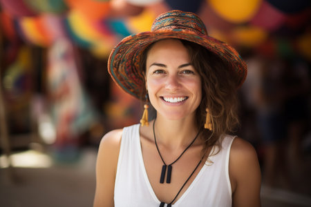 Portrait of smiling young woman wearing straw hat in the street.の素材