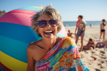Portrait of smiling senior woman with beach ball at beach during summer vacationの素材
