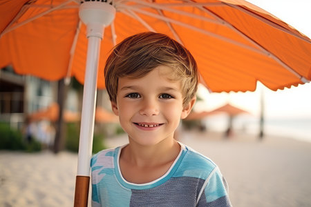 Portrait of a smiling little boy under an umbrella on the beachの素材