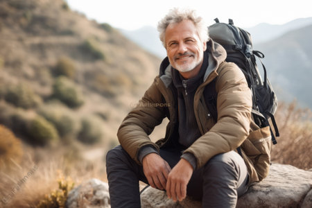 Portrait of smiling senior man with backpack sitting on rock in mountainsの素材