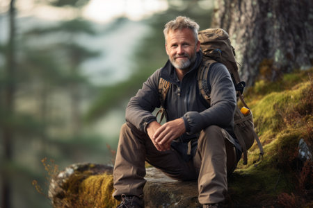 Portrait of a senior man with backpack sitting on a rock in the forestの素材