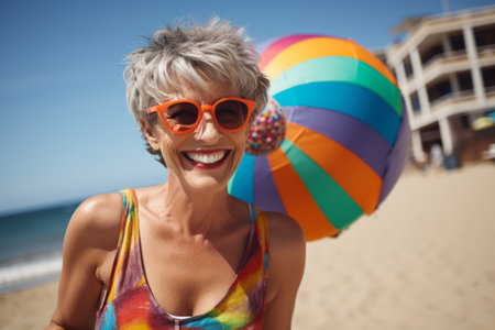 Portrait of smiling senior woman in sunglasses with beach ball on the beachの素材