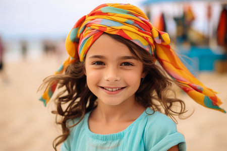Portrait of cute little girl in colorful headscarf on beachの素材