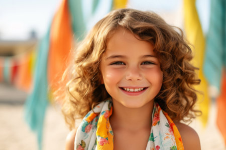 Closeup portrait of cute little girl with curly hair on the beachの素材
