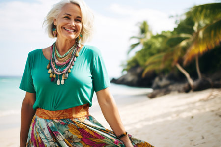 Portrait of a beautiful senior woman smiling on the beach in summerの素材
