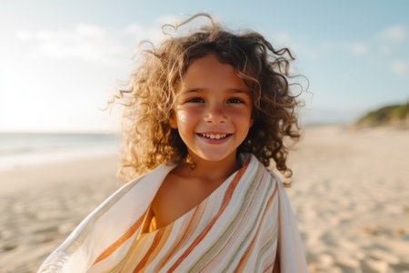 Close-up portrait of a smiling little girl with curly hair on the beachの素材