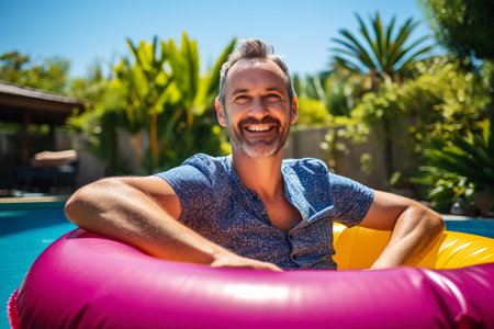 Portrait of smiling man relaxing on inflatable ring at poolsideの素材