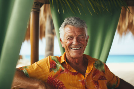 Portrait of smiling senior man sitting in hammock on the beachの素材