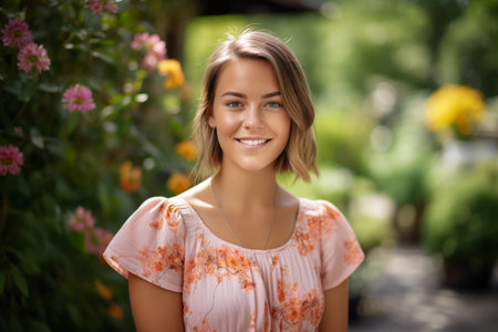 Portrait of a beautiful young woman in the garden, summer outdoorsの素材