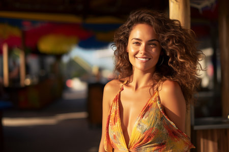 Portrait of a beautiful young woman with curly hair in a yellow swimsuit on the beachの素材