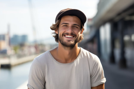 Portrait of a handsome young man with cap smiling in the cityの素材