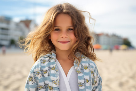 Portrait of a cute little girl with long curly hair on the beachの素材