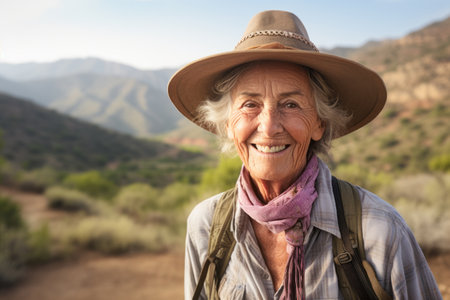 Portrait of smiling senior woman in hat and scarf against mountain landscapeの素材