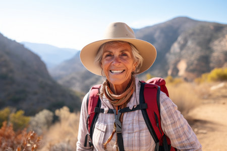 Portrait of a senior woman hiking in the mountains. Female hiker enjoying the nature.の素材