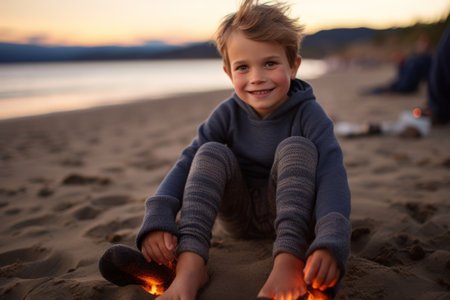 Adorable little boy sitting on the beach and playing with fire at sunsetの素材