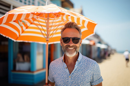 Portrait of happy senior man standing with umbrella at beach during summer vacationの素材