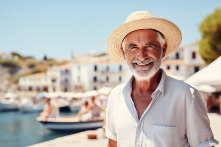 Portrait of a smiling senior man in a hat standing by the sea and looking at the cameraの素材