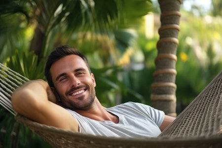 Portrait of a handsome young man relaxing in a hammock outdoorsの素材