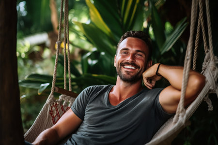 Portrait of a happy man sitting in a hammock and smilingの素材