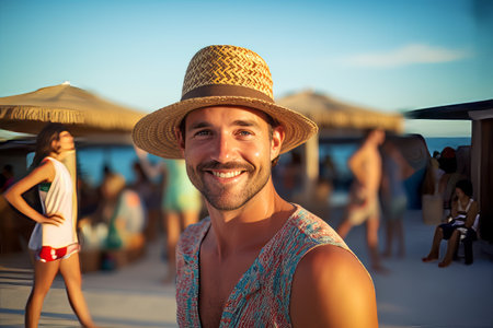 Portrait of happy young man on the beach, summer vacation conceptの素材