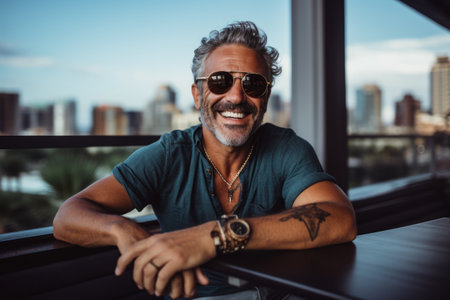 Portrait of handsome Indian man wearing sunglasses and smiling at camera while sitting in a restaurantの素材