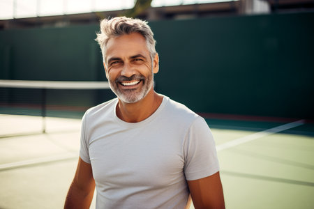 Portrait of smiling mature man looking at camera while standing on tennis courtの素材