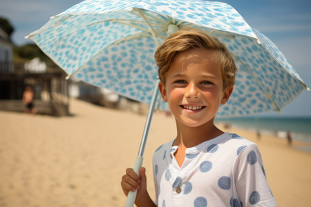Portrait of smiling little boy with umbrella on beach during sunny dayの素材