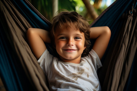 Cute little boy lying in hammock and smiling at camera.の素材