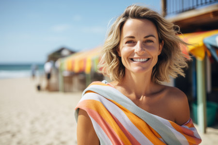 Portrait of smiling young woman wrapped in beach towel standing on beachの素材